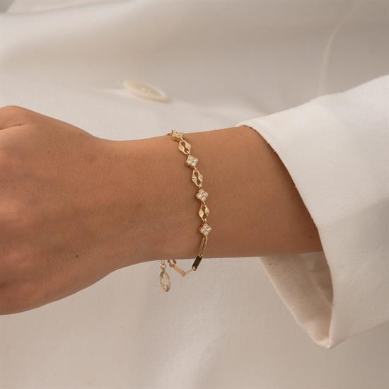 Taşlı Yonca 14 Ayar Altın Bileklik