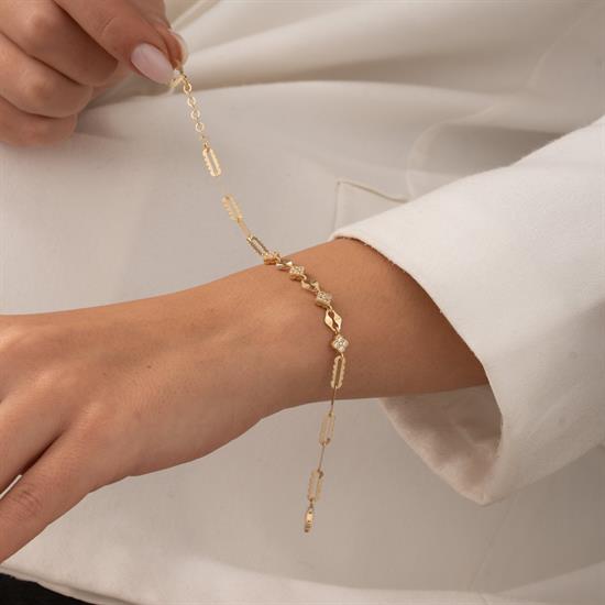 Taşlı Yonca 14 Ayar Altın Bileklik