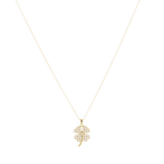 Taşlı Yonca 14 Ayar Altın Kolye