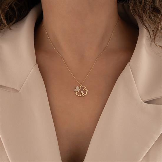 Taşlı Yonca 14 Ayar Altın Kolye