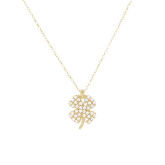 Taşlı Yonca 14 Ayar Altın Kolye