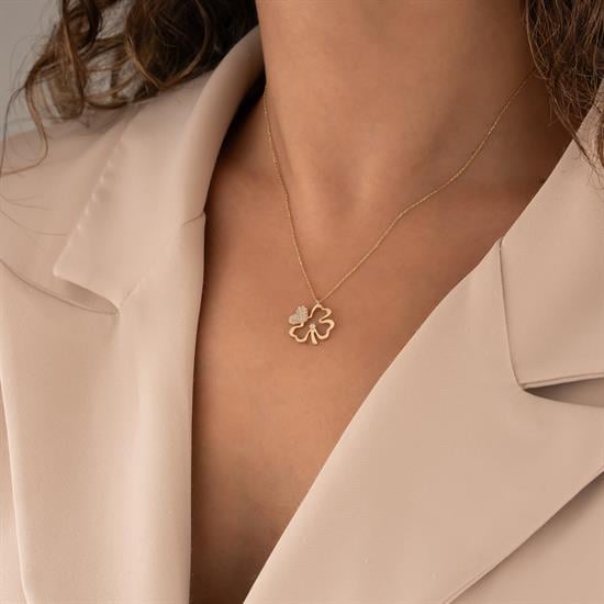 Taşlı Yonca 14 Ayar Altın Kolye