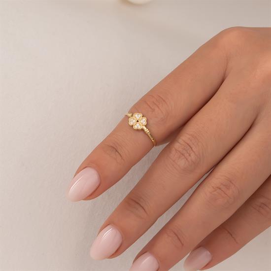 Taşlı Yonca 14 Ayar Altın Yüzük