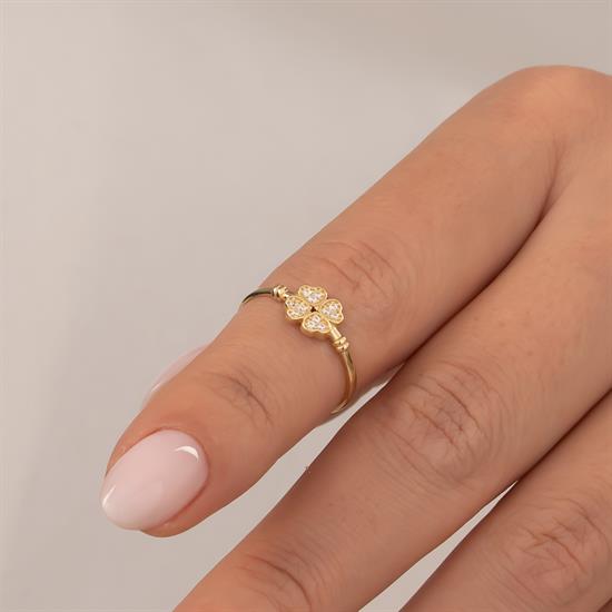 Taşlı Yonca 14 Ayar Altın Yüzük