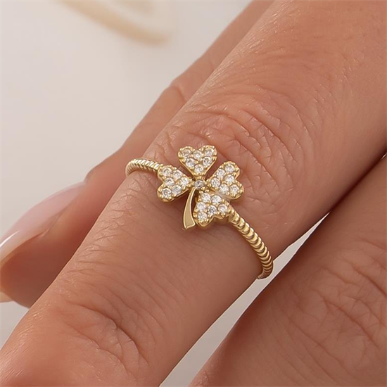 Taşlı Yonca Yüzük 14 Ayar Altın