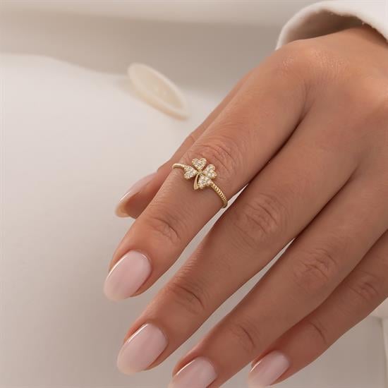 Taşlı Yonca Yüzük 14 Ayar Altın