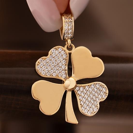 Taşlı Yonca 14 Ayar Kolye Ucu