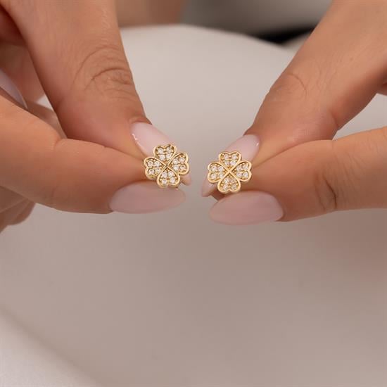 Taşlı Yonca Küpe 14 Ayar Altın