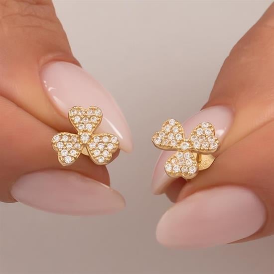 Taşlı Yonca Küpe 14 Ayar Altın