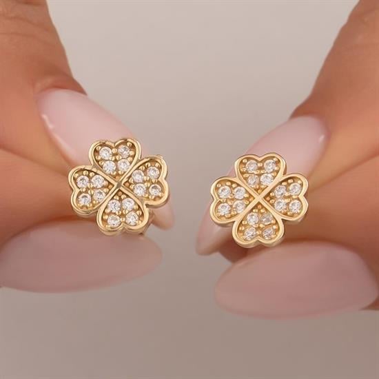 Taşlı Yonca Küpe 14 Ayar Altın