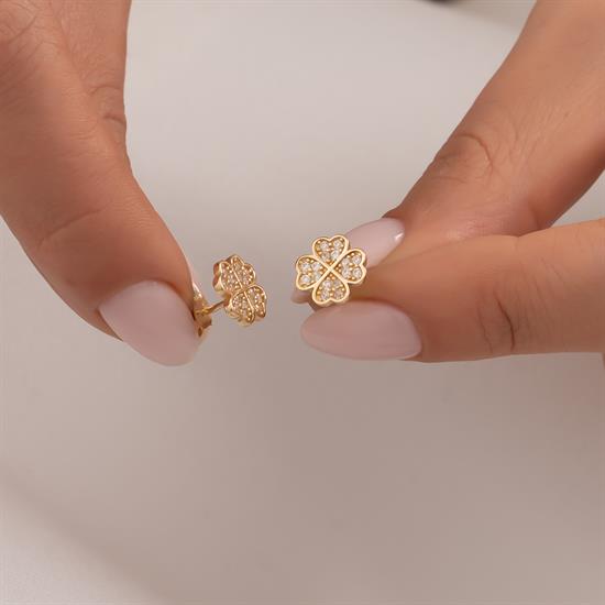 Taşlı Yonca Küpe 14 Ayar Altın