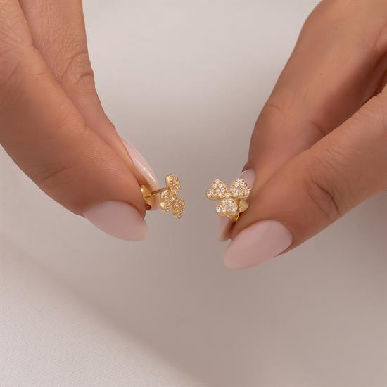 Taşlı Yonca Küpe 14 Ayar Altın