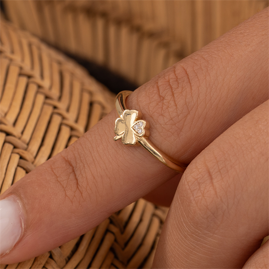 Taşlı Yonca Minimal 14 Ayar Altın Yüzük