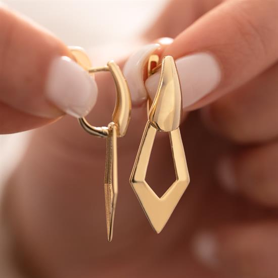 Taşsız Sallantılı Geometrik Tasarım Küpe 14 Ayar Altın