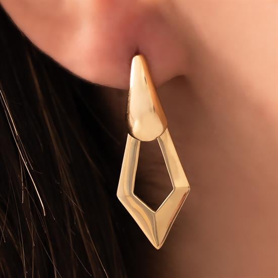 Taşsız Sallantılı Geometrik Tasarım Küpe 14 Ayar Altın