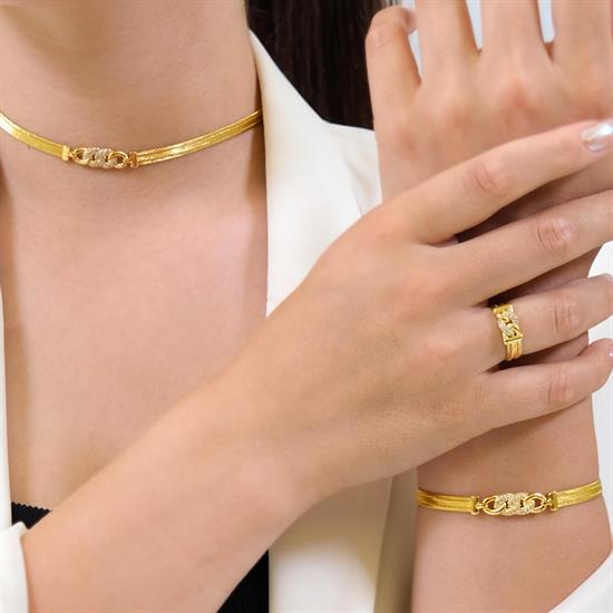 Trabzon Hasır Modern Taşlı Gurmet Model 14 Ayar 3 Sıra Altın Set Sarı