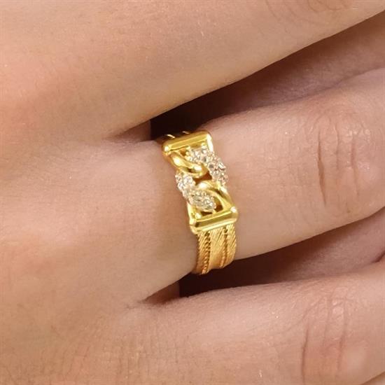 Trabzon Hasır Modern Taşlı Gurmet Model 14 Ayar 3 Sıra Altın Yüzük Sarı