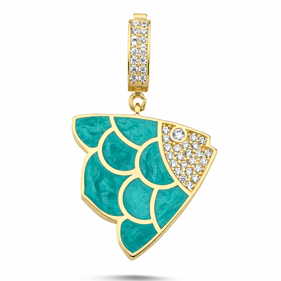 Turkuaz Mineli Balık Kolye Ucu 14 Ayar Altın