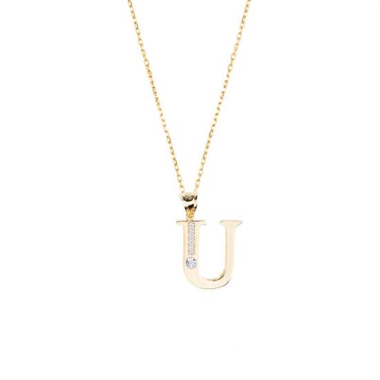 U Harfi Taşlı 14 Ayar Altın Kolye Ucu