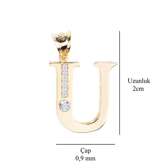 U Harfi Taşlı 14 Ayar Altın Kolye Ucu