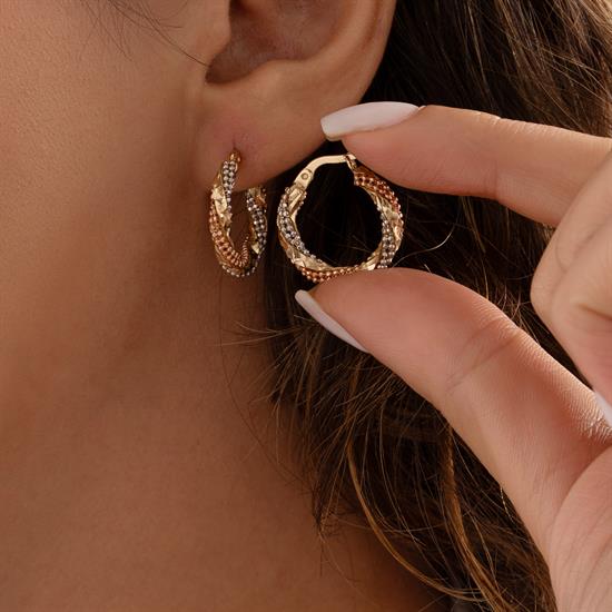 Üç Renkli Halka Küpe 14 Ayar Altın