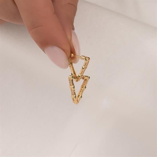 Üçgen Renkli Taşlı Küpe 14 Ayar Altın