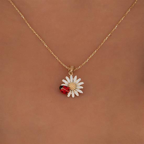 Uğur Böcekli Papatya Kolye 14 Ayar Altın