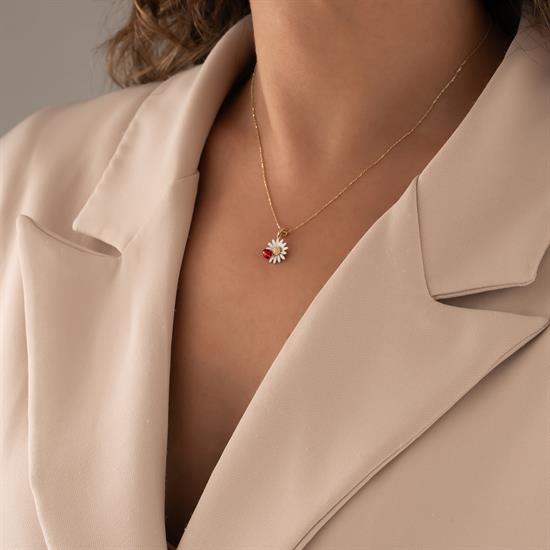 Uğur Böcekli Papatya Kolye 14 Ayar Altın