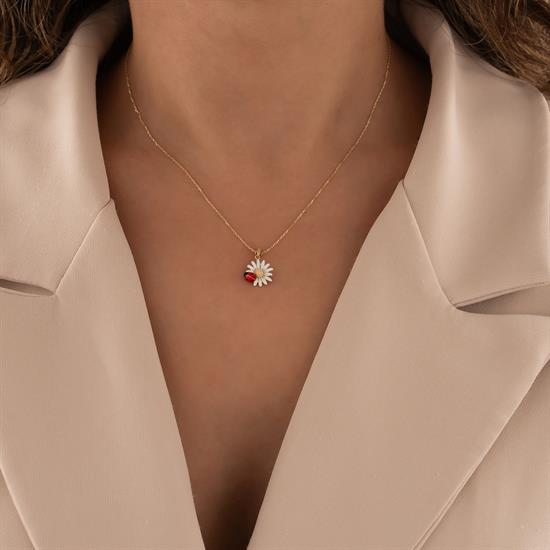 Uğur Böcekli Papatya Kolye 14 Ayar Altın