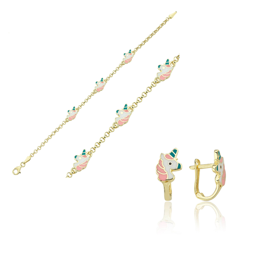 Unicorn Çocuk Bileklik Küpe Set