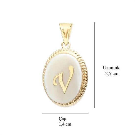 V Harfi Sedefli 14 Ayar Altın Kolye Ucu