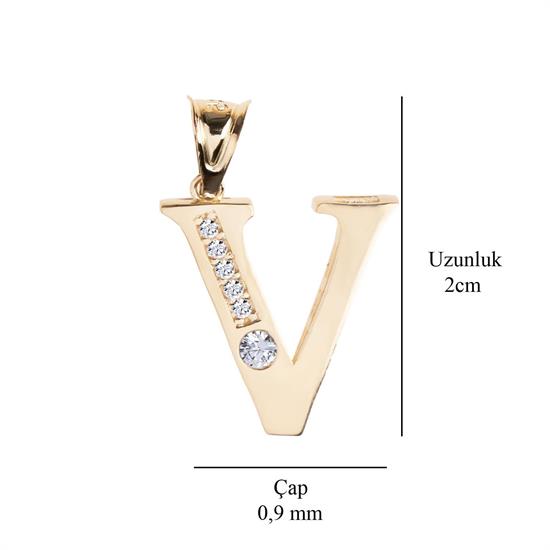 V Harfi Taşlı 14 Ayar Altın Kolye Ucu
