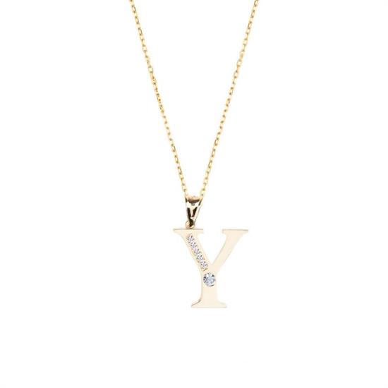 Y Harfi Taşlı 14 Ayar Altın Kolye Ucu