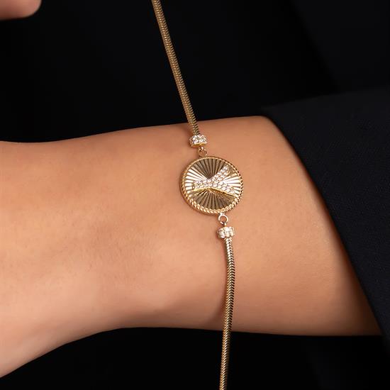 Y Harfli Taşlı  Bileklik 14 Ayar Altın