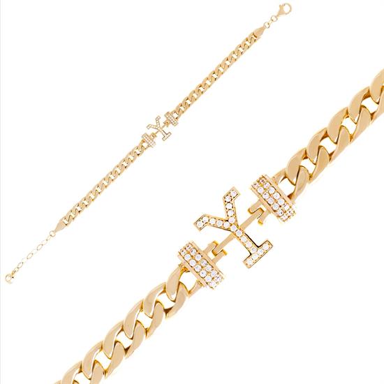 Y Harfli Taşlı 14 Ayar Altın Bileklik