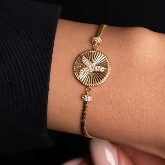 Y Harfli Taşlı  Bileklik 14 Ayar Altın