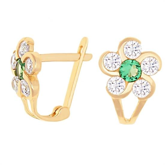 Yeşil Beyaz Taşlı Çiçek Modeli Klips Kilitli Çocuk Küpe 14 Ayar Altın