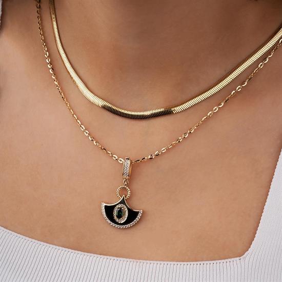 Yeşil Beyaz Taşlı Siyah Mineli Klipsli 14 Ayar Kolye Ucu 3,5 Cm