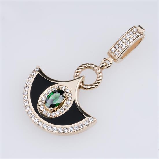 Yeşil Beyaz Taşlı Siyah Mineli Klipsli 14 Ayar Kolye Ucu 3,5 Cm