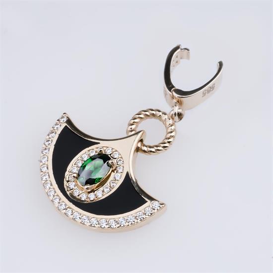 Yeşil Beyaz Taşlı Siyah Mineli Klipsli 14 Ayar Kolye Ucu 3,5 Cm