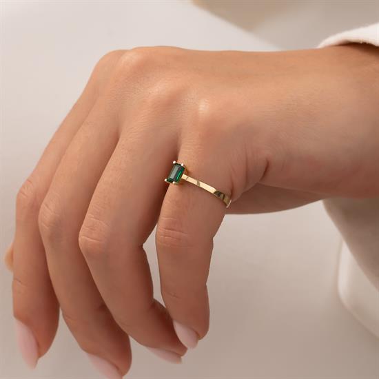 Yeşil Dikdörtgen Taşlı 14 Ayar Altın Yüzük