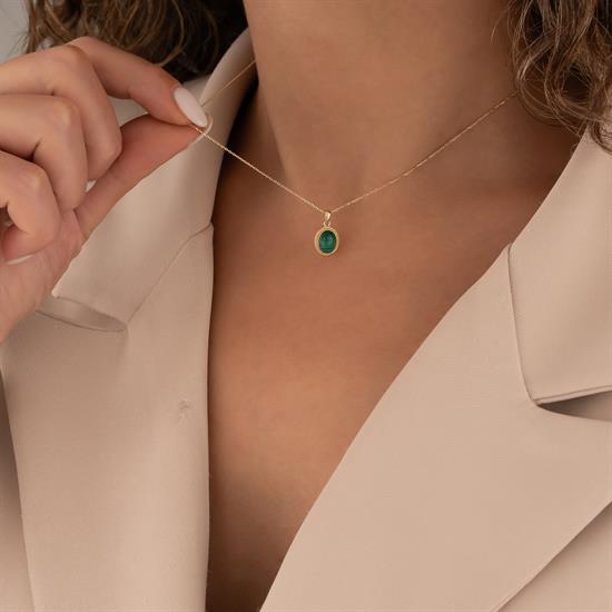 Yeşil Firuze Taşlı 14 Ayar Altın Kolye