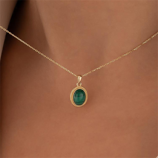 Yeşil Firuze Taşlı 14 Ayar Altın Kolye