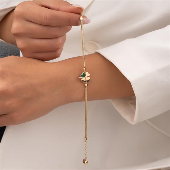 Yeşil Mineli Yonca Balıksırtı 14 Ayar Altın Bileklik