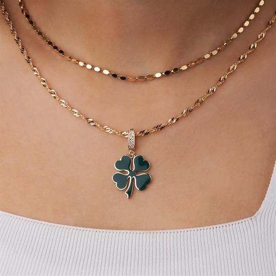 Yeşil Mineli Yonca Klipsli 14 Ayar Kolye Ucu 3,5 Cm