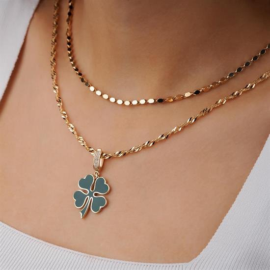 Yeşil Mineli Yonca Klipsli 14 Ayar Kolye Ucu 3,5 Cm