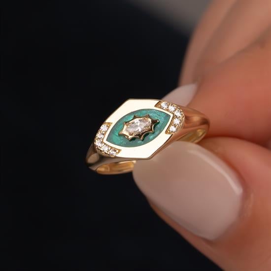 Yeşil Simli Mineli Markiz Taşlı 14 Ayar Altın Yüzük