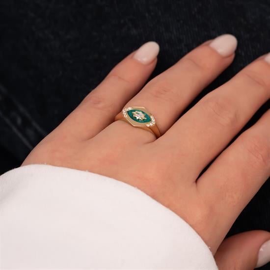 Yeşil Simli Mineli Markiz Taşlı 14 Ayar Altın Yüzük