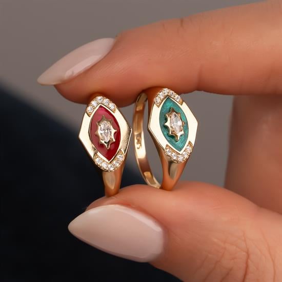 Yeşil Simli Mineli Markiz Taşlı 14 Ayar Altın Yüzük