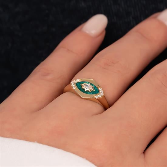 Yeşil Simli Mineli Markiz Taşlı 14 Ayar Altın Yüzük